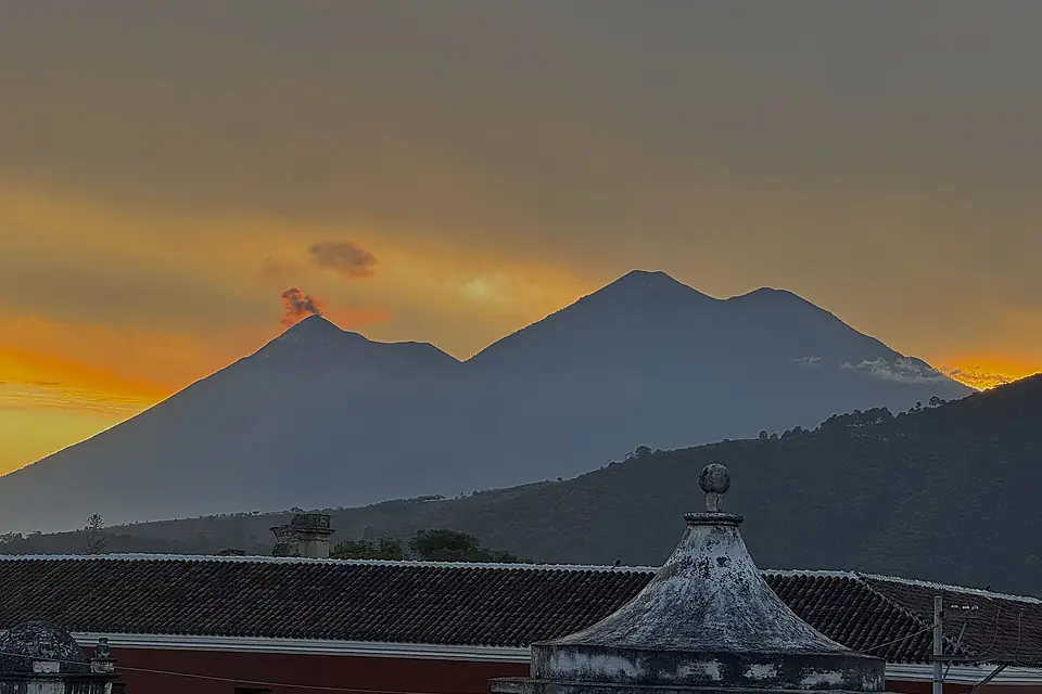 Sunset over Fuego and Acatenango volcanoes from Antigua