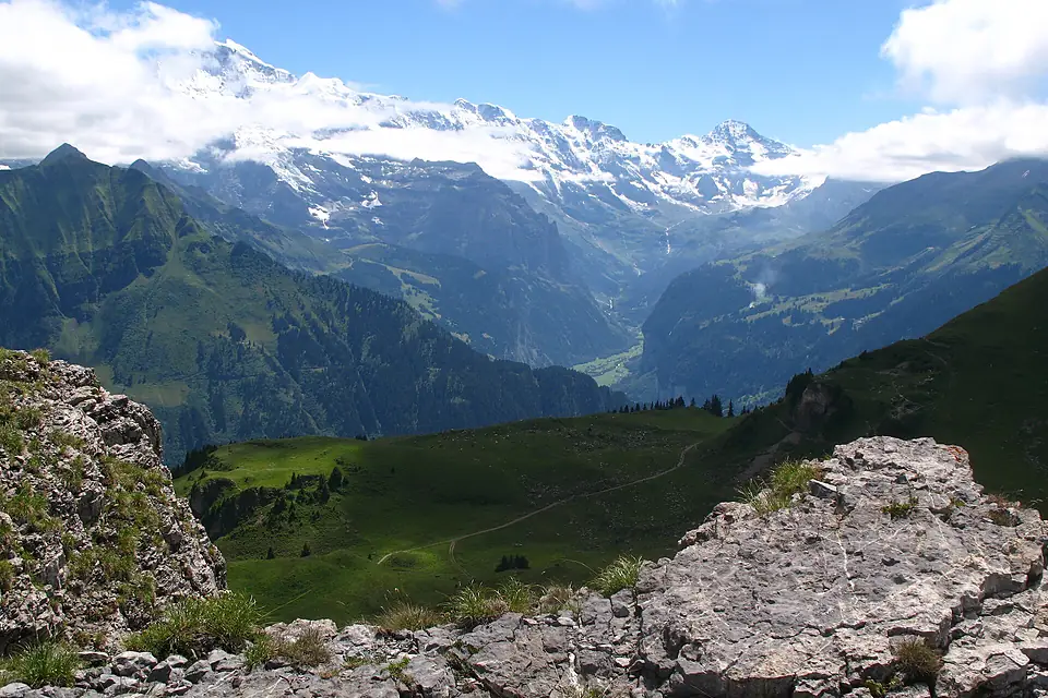 5856 - Schynige Platte - Jungfrau, Silberhorn, Ebnefluh, Mittaghorn, Grosshorn, Breithorn, and Lauterbrunnental viewed from Oberberghorn