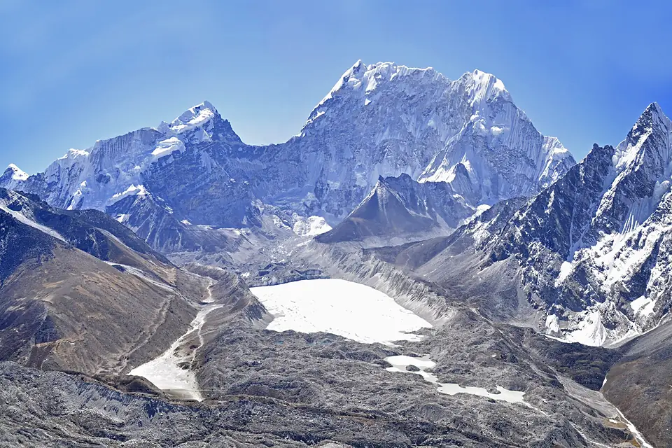 An overview of Imja Tsho showing lake outlet channel, ponds, ablation valley