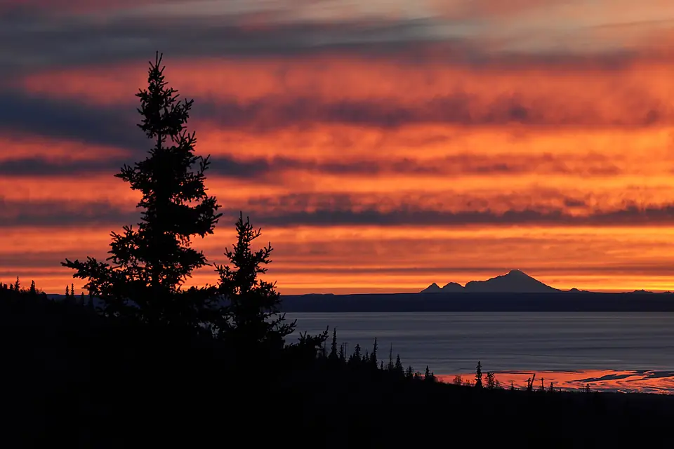 Mt. Iliamna volcano on the horizon, Cook Inlet