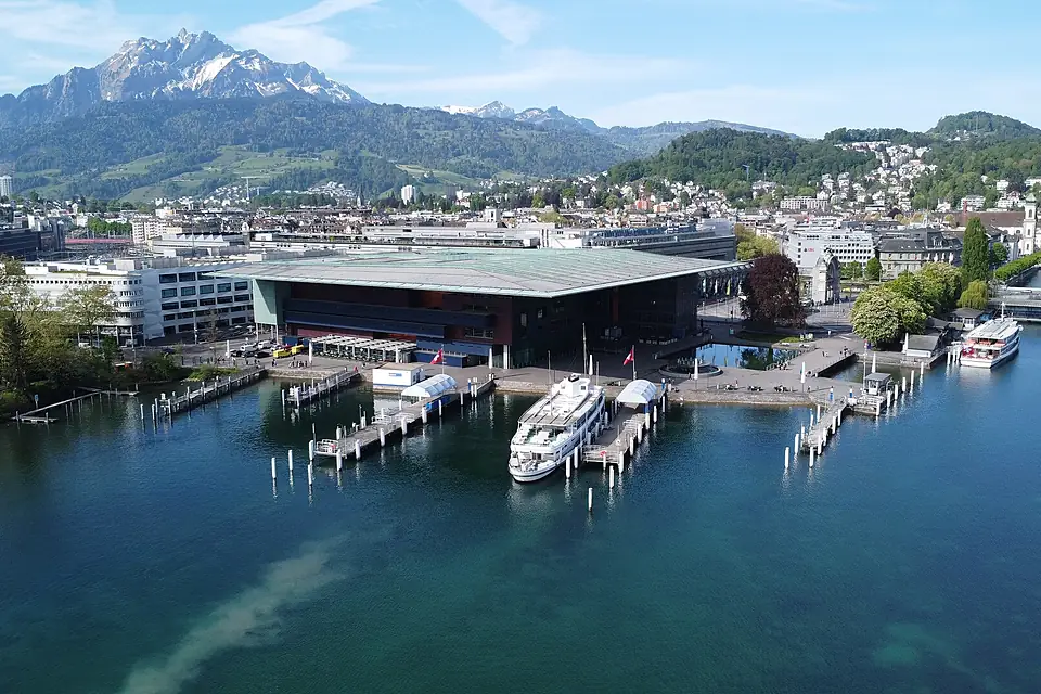 Aerial view of KKL Luzern with Pilatus