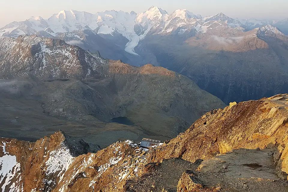 Bernina range and Georgys Hut as seen from Piz Languard